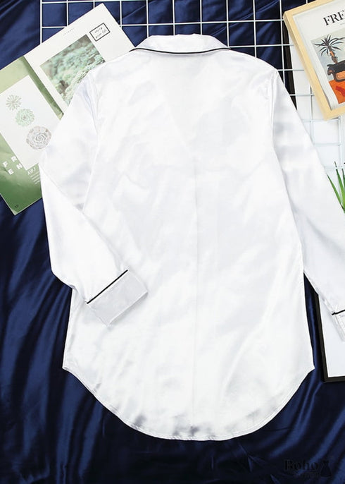 Boho Sleepwear, Pajamas Shirt Dress, PJ Satin Jolie White
